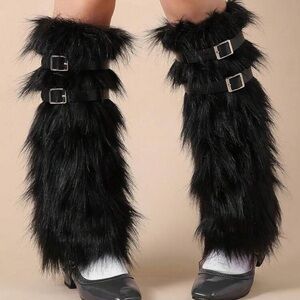 1 Pair Furry Leg Warmers + 4pcs Belts, Punk Boots Cuff Warmers